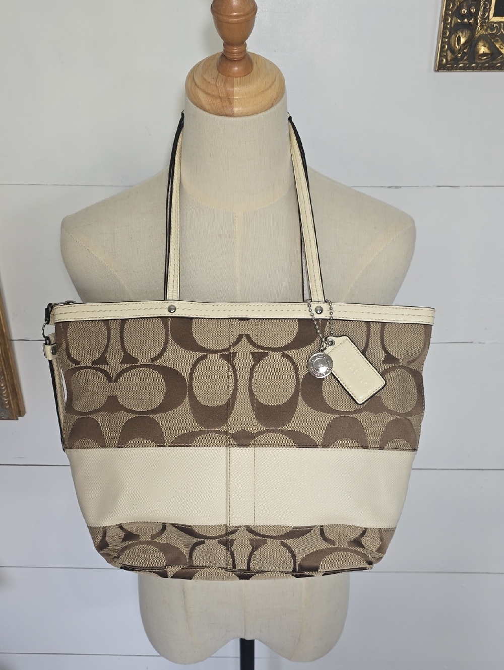 Coach F13548 Khaki Ivory Signature C Stripe Tote Bag